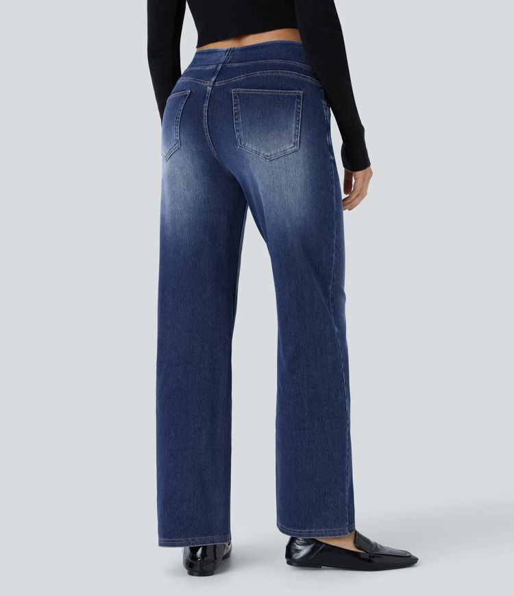 Halara Flex™ džíny s vysokým pasem, rovné, vyprané, s kapsami, vhodné pro volný čas