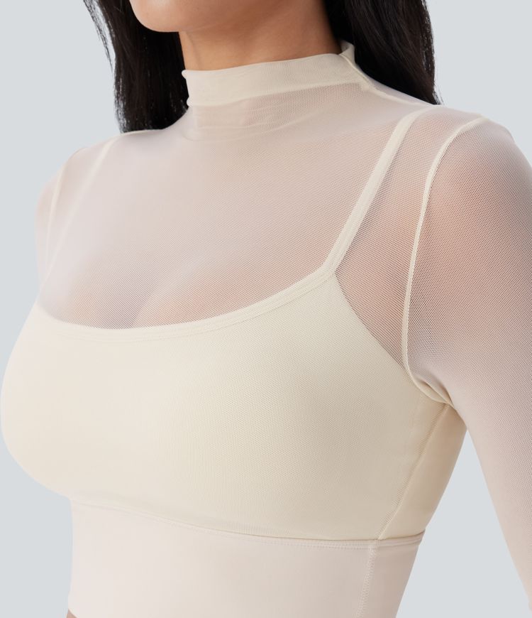 Contrast Mesh Long Sleeve 2-in-1 Cropped Yoga Sports Top