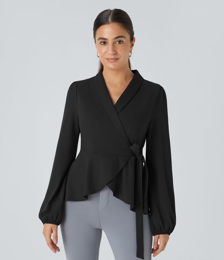 Blusa oficina cuello chal lazo lateral cruzado dobladillo volante