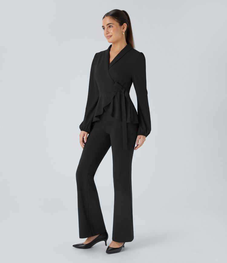 Blusa oficina cuello chal lazo lateral cruzado dobladillo volante