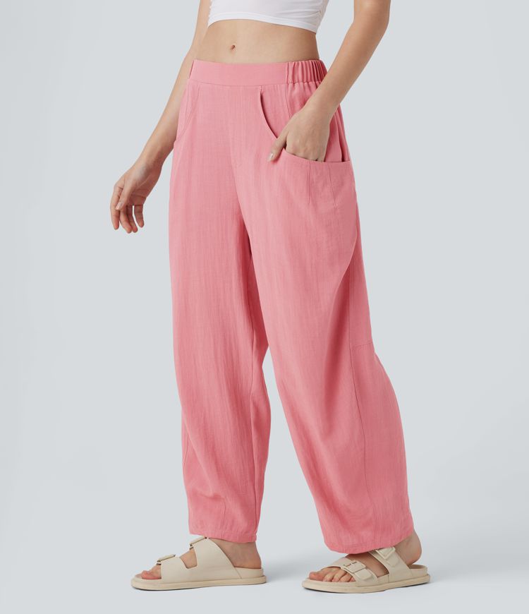 Pantalon décontracté barrel droit effet lin, taille haute, avec poches