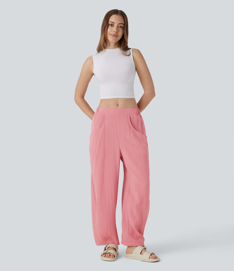 Pantalon décontracté barrel droit effet lin, taille haute, avec poches