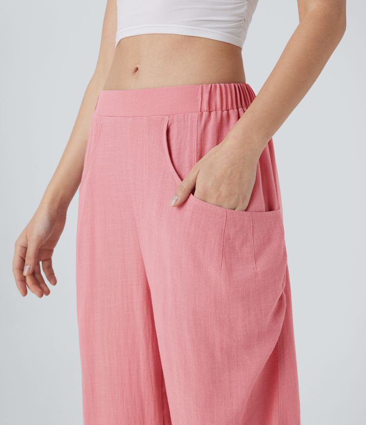 Pantalon décontracté barrel droit effet lin, taille haute, avec poches