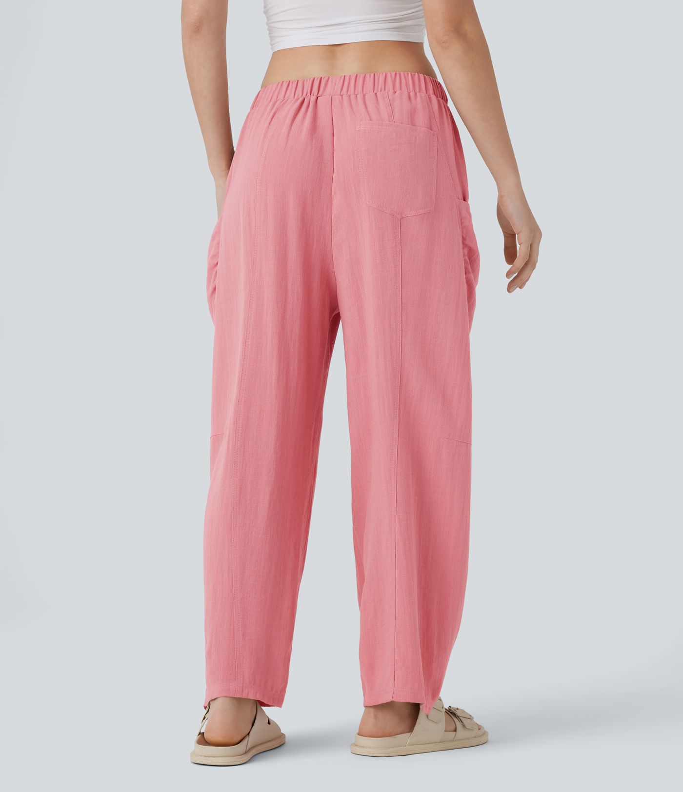 Pantalon décontracté barrel droit effet lin, taille haute, avec poches