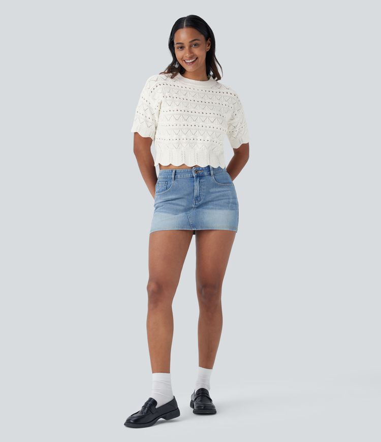 Round Neck Short Sleeve Scallop Hem Open Knit Casual Sweater