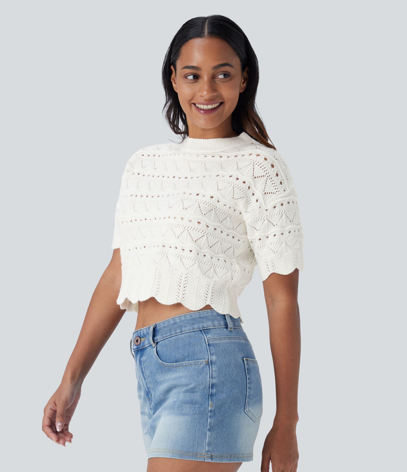 Round Neck Short Sleeve Scallop Hem Open Knit Casual Sweater