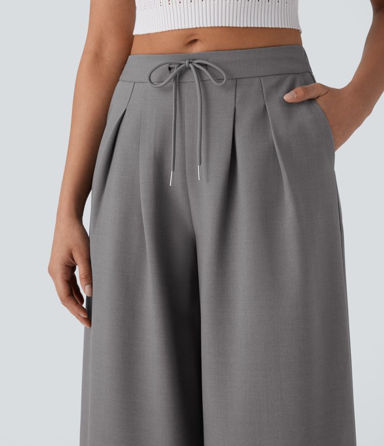 Mid Rise Drawstring Side Pocket Wide Leg Work Trousers