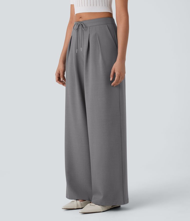 Mid Rise Drawstring Side Pocket Wide Leg Work Trousers