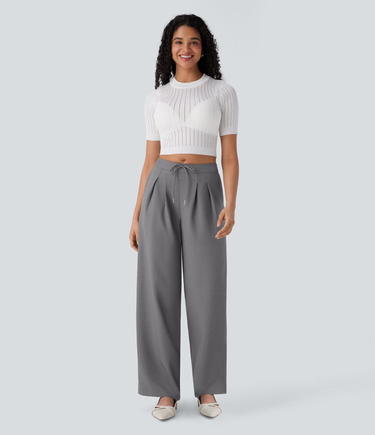 Mid Rise Drawstring Side Pocket Wide Leg Work Trousers