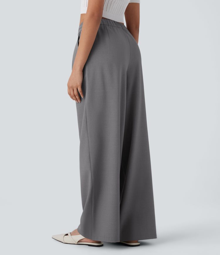 Mid Rise Drawstring Side Pocket Wide Leg Work Trousers