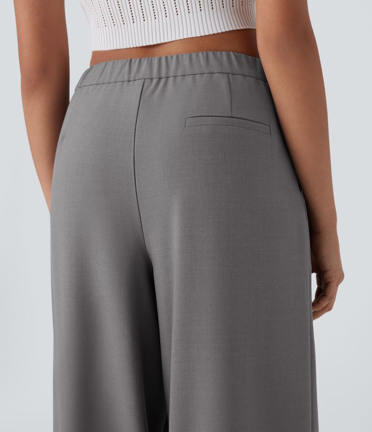 Mid Rise Drawstring Side Pocket Wide Leg Work Trousers