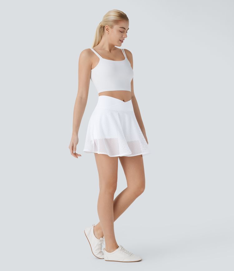 Crossover-Mini-Yogarock mit hoher Taille, 2-in-1-Seitentasche, perforiertem Schlag