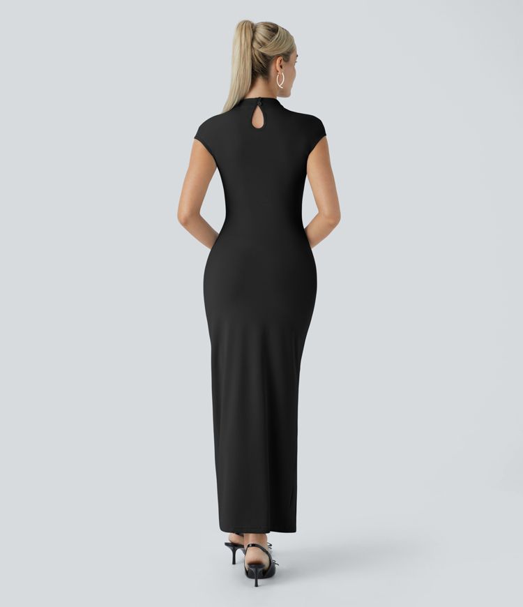 Stand Collar Back Button Cap Sleeve Ruched Split Maxi Skinny Party Dress