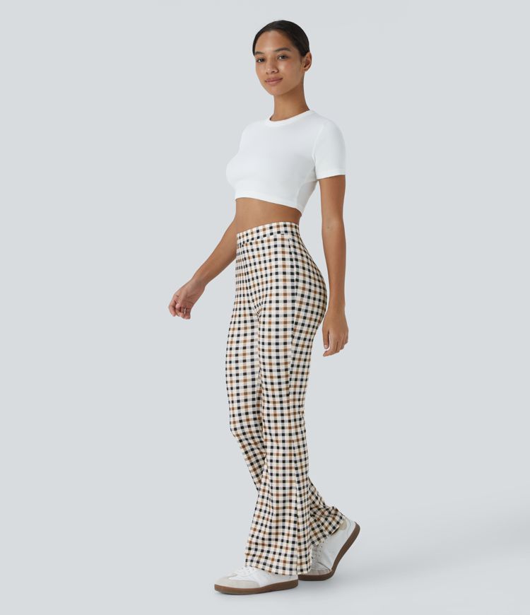 High-waist checkered flared casual pants