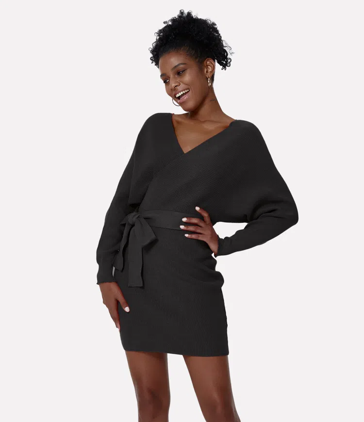 Everyday Deep V-Neck Belt Mini Knit Dress