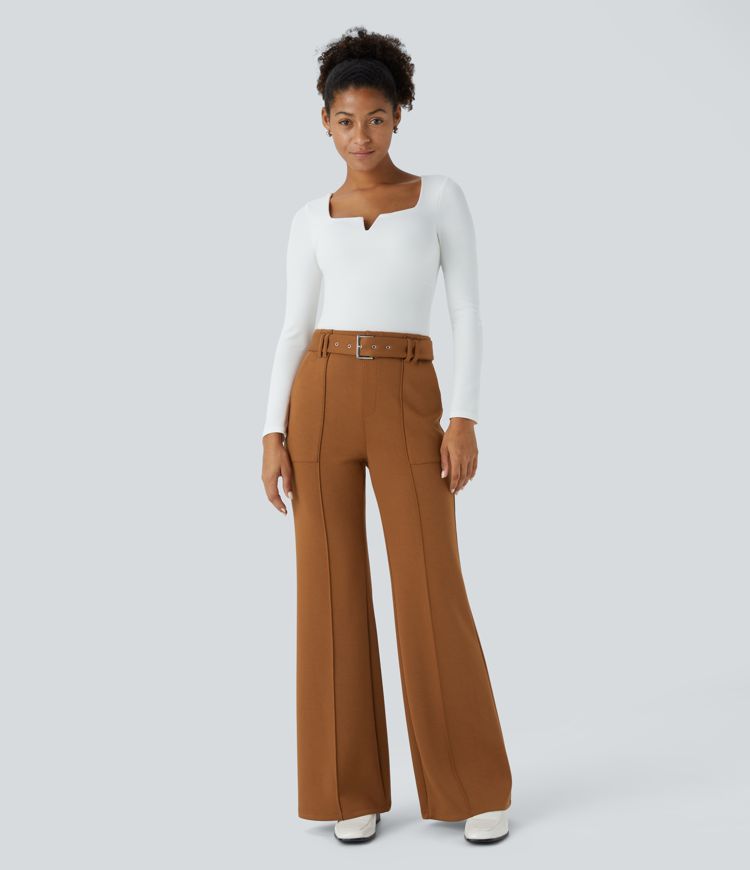 Pantalon évasé taille haute avec ceinture et poches latérales