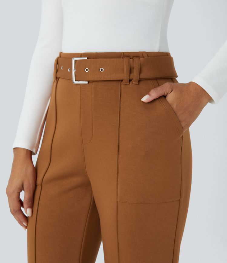Pantalon évasé taille haute avec ceinture et poches latérales