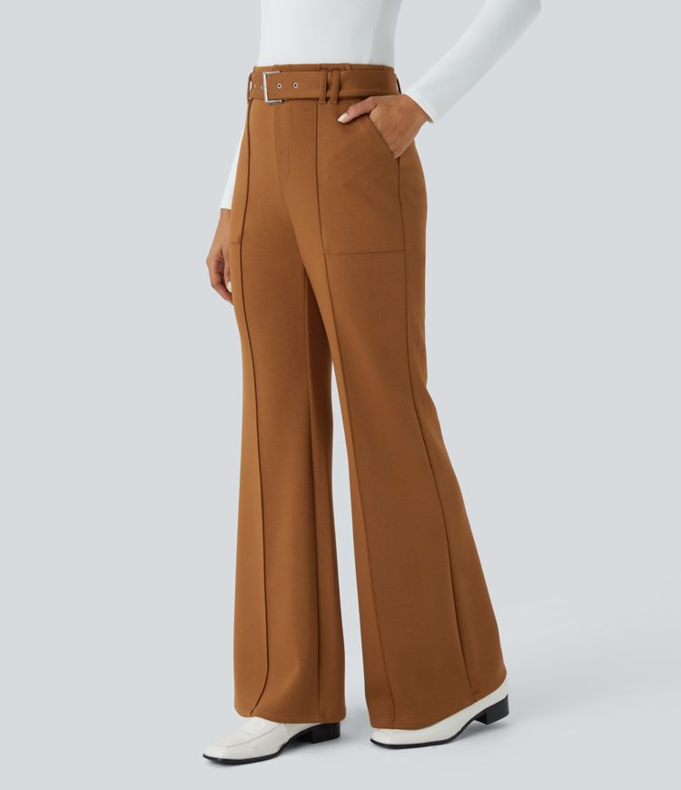 High Waisted Belted Side Pocket Flare Work Pants