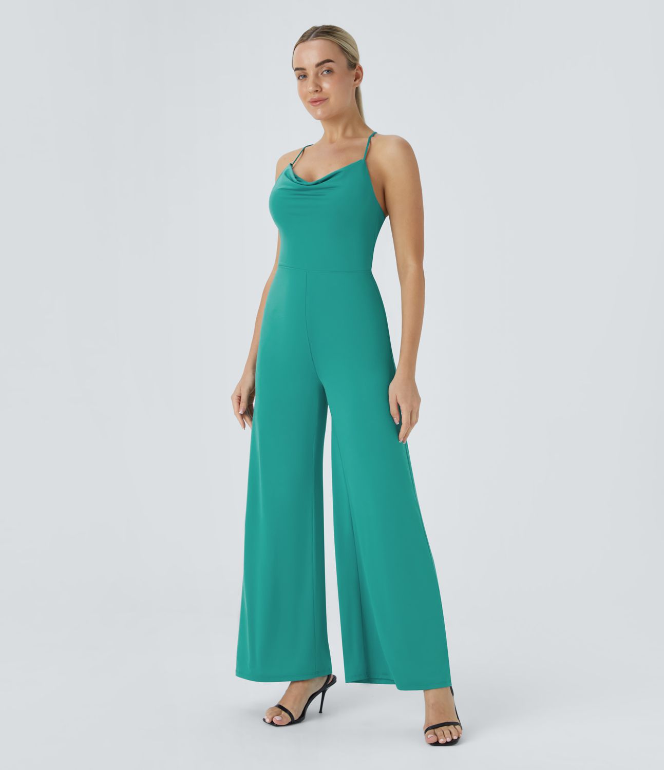 Rückenfreier Jumpsuit mit Wasserfallausschnitt, überkreuzter Schnürung und Unterrock für Brautjungfern und Hochzeitsgäste