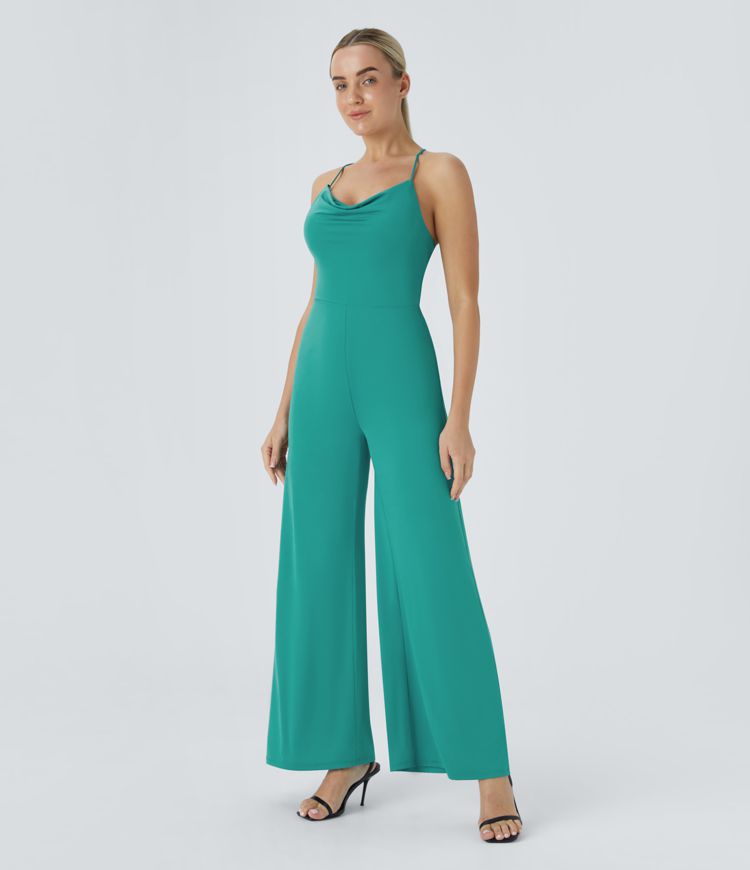 Rückenfreier Jumpsuit mit Wasserfallausschnitt, überkreuzter Schnürung und Unterrock für Brautjungfern und Hochzeitsgäste