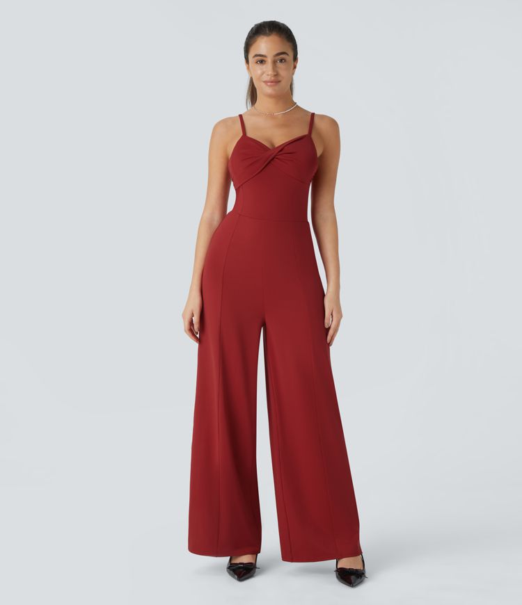 Rückenfreier Jumpsuit mit verstellbaren Trägern und gedrehtem Schnitt für Brautjungfern und Hochzeitsgäste
