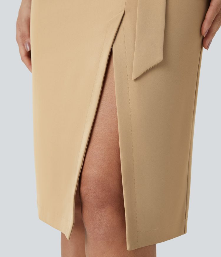 High-waist belt invisible zipper split midi workwear pencil skirt