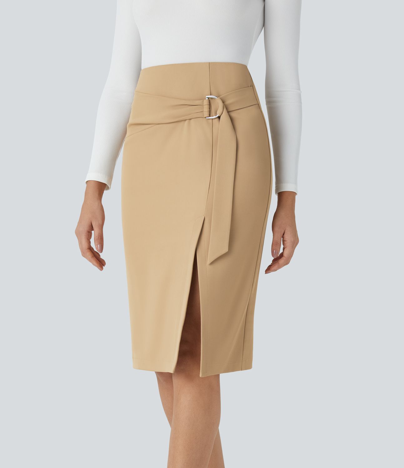 High-waist belt invisible zipper split midi workwear pencil skirt