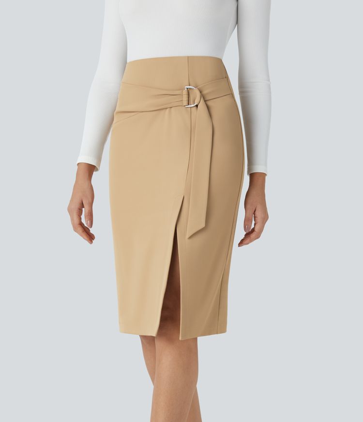 High-waist belt invisible zipper split midi workwear pencil skirt