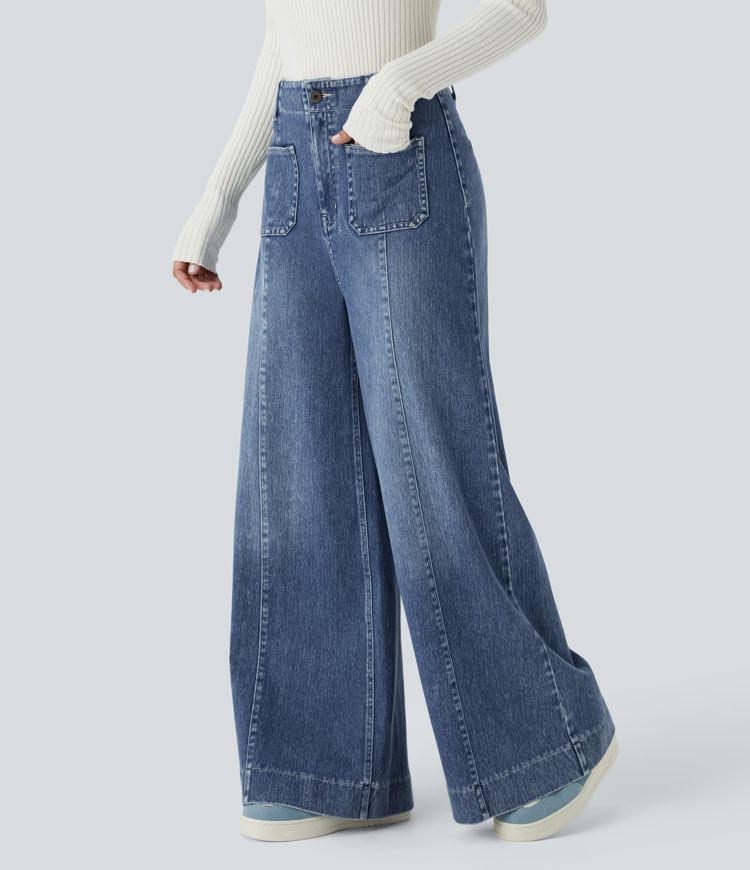 Jean large décontracté Halara Flex™ taille haute avec poches, lavé