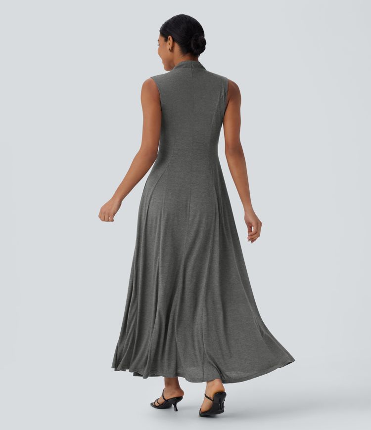 Stand Collar Sleeveless Flowy Midi Resort Dress