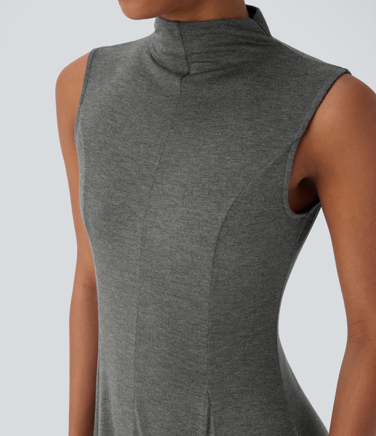 Ärmelloses, fließendes Midi-Resort-Kleid mit Stehkragen