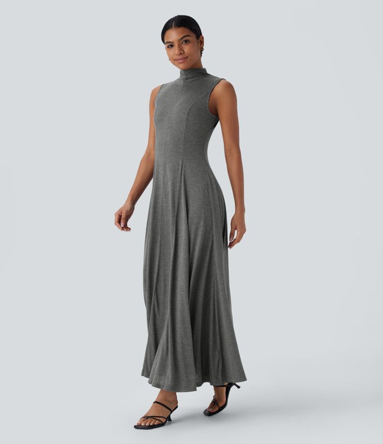 Ärmelloses, fließendes Midi-Resort-Kleid mit Stehkragen