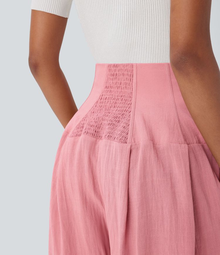 Pantalón oficina lino tiro súper alto bolsillo fruncido cremallera invisible pierna ancha