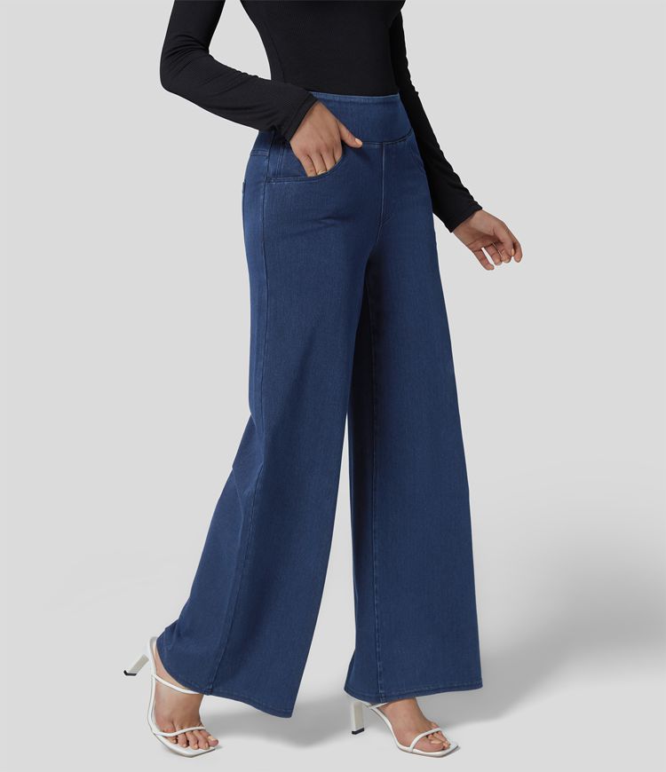 POSHGLAM Maternity Jeans - Wide Leg Cropped Denim Pants With Full Belly Panel, 27" Length