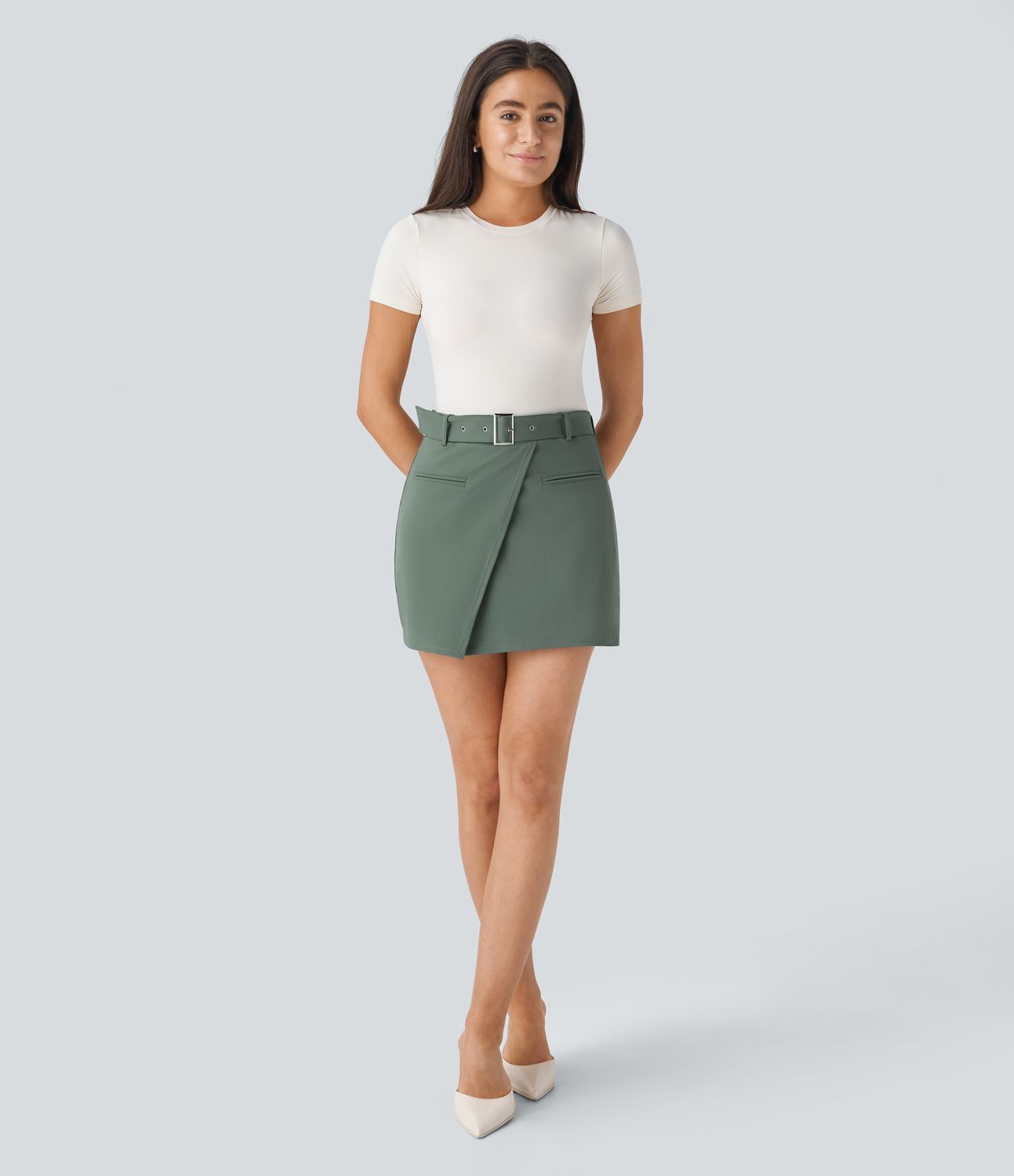 High-waisted belt front pocket 2-in-1 mini work skirt