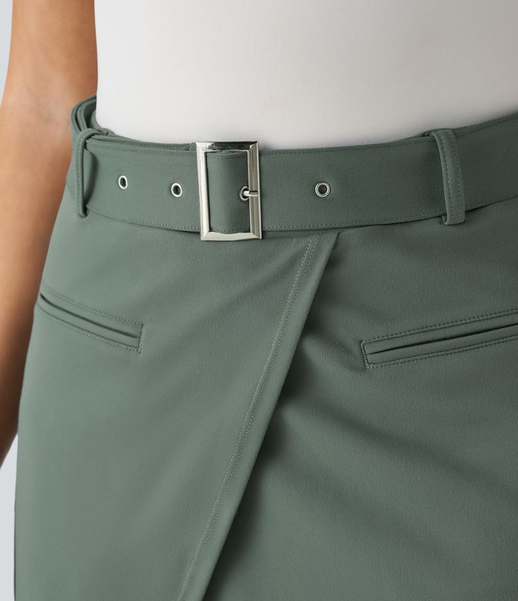 High-waisted belt front pocket 2-in-1 mini work skirt