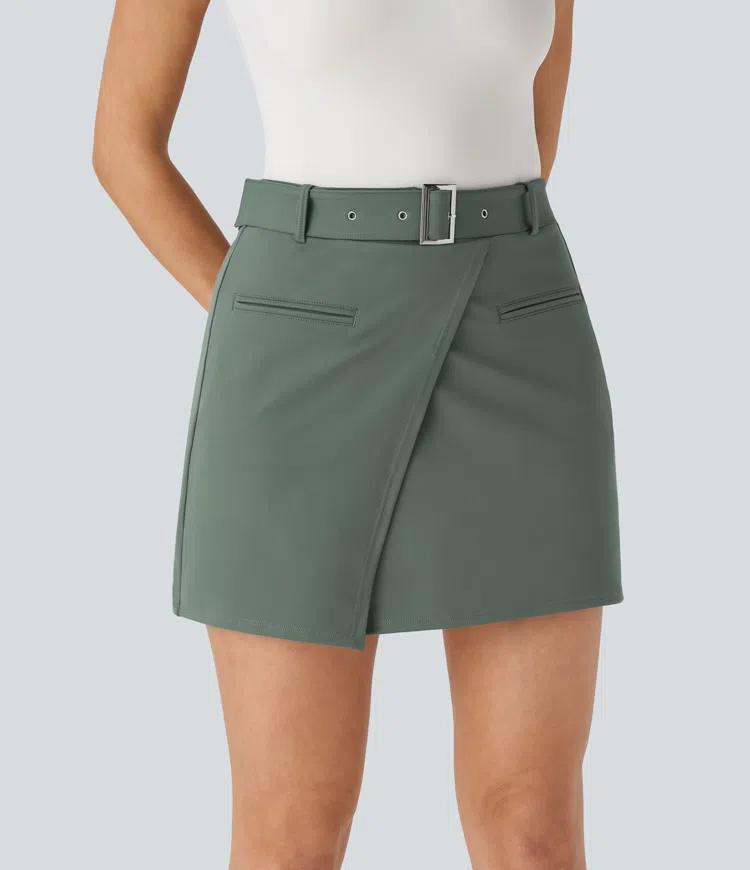 High waist belt front pocket 2-in-1 mini work skirt