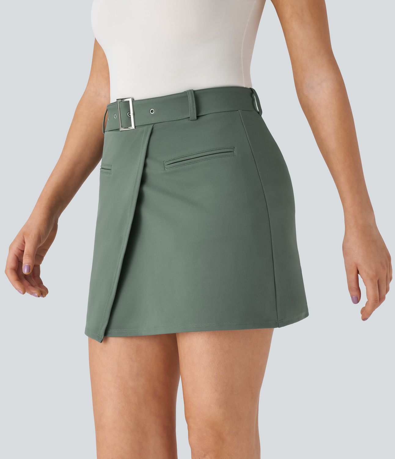 High-waisted belt front pocket 2-in-1 mini work skirt