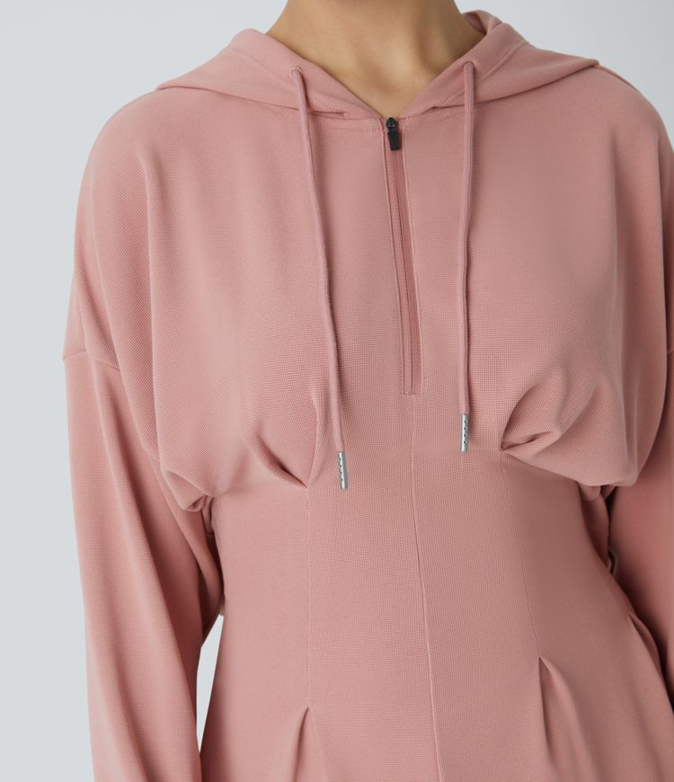 Hood drawstring zipper wrinkled side pocket cutout waffle casual jumpsuit