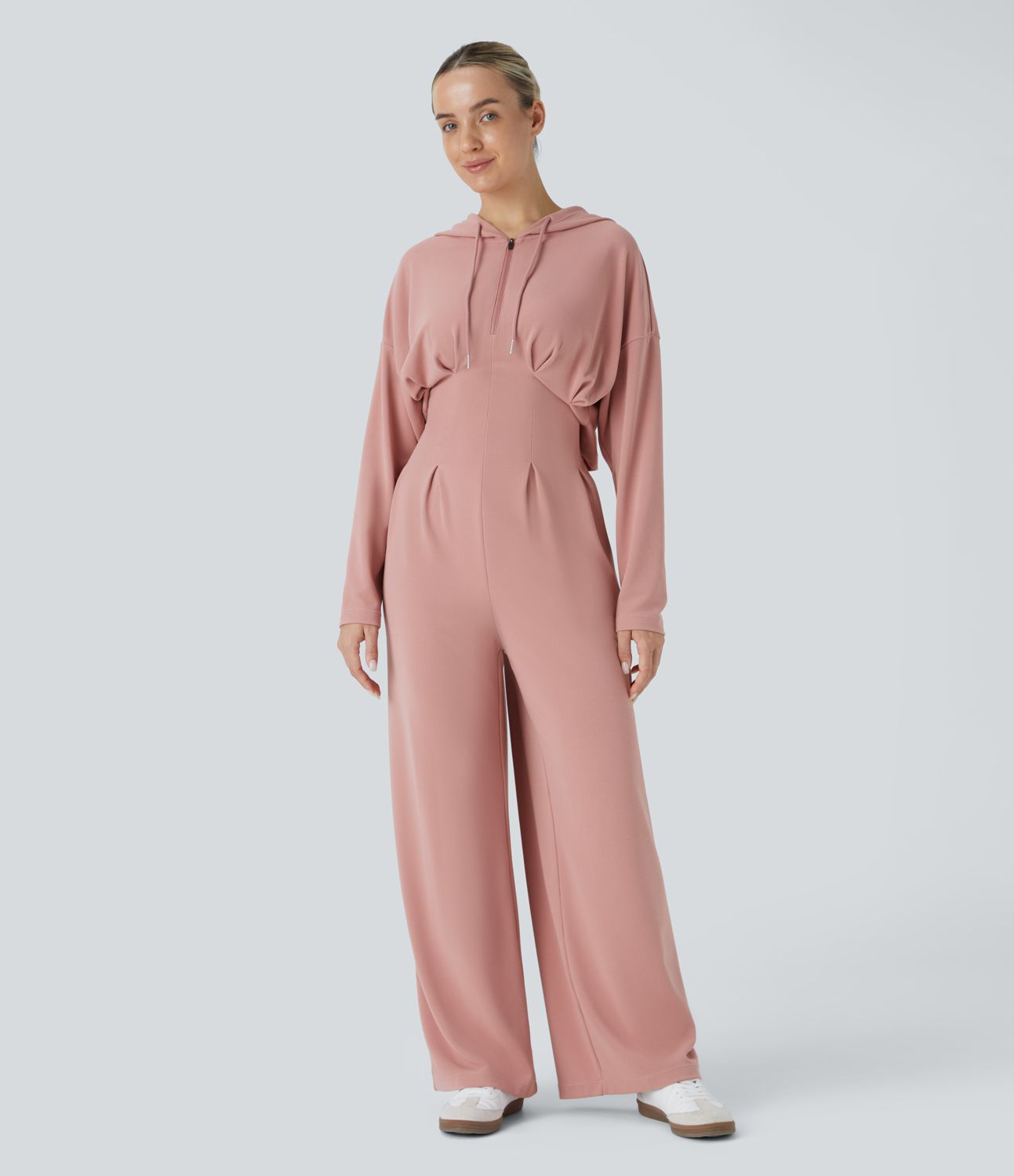 Hood drawstring zipper wrinkled side pocket cutout waffle casual jumpsuit