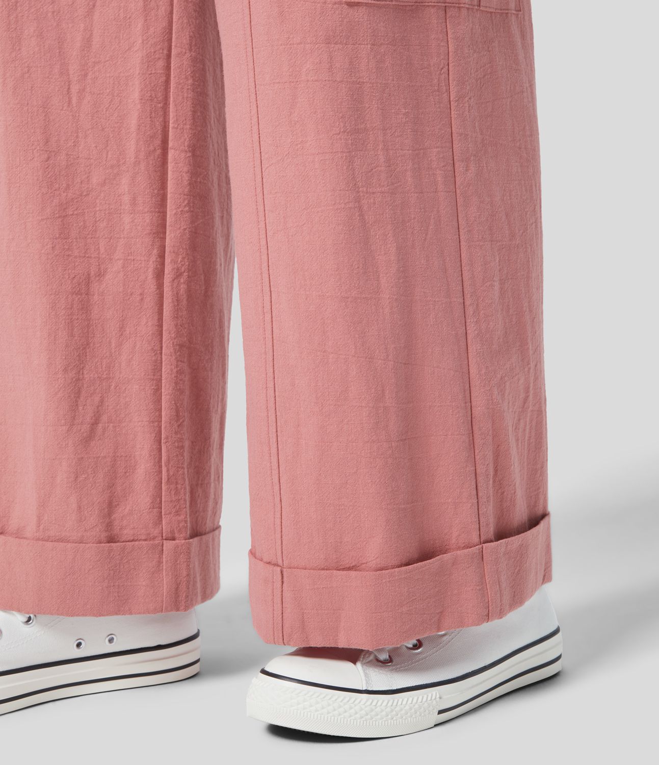 High Waisted Button Zipper Multiple Pockets Wide Leg Casual Linen-Feel Cargo Pants