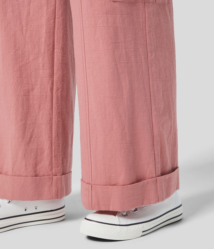 Pantalon Cargo Casual à Jambes Larges Taille Haute Boutonnées Fermeture Éclair Multiples Poches et Effet Lin