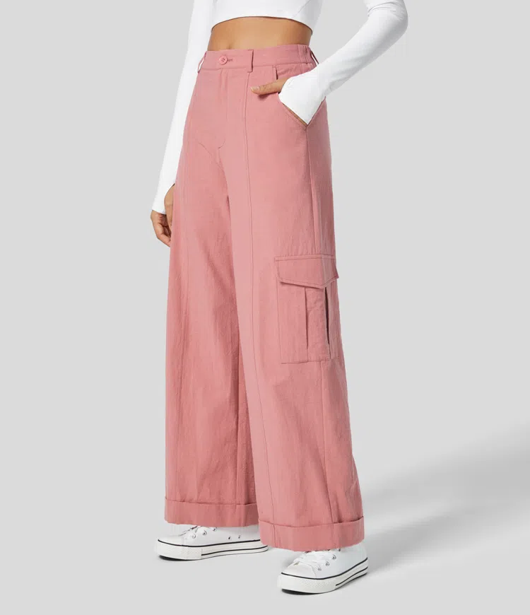 High waist button zip multi pocket wide leg casual linen feel cargo pants