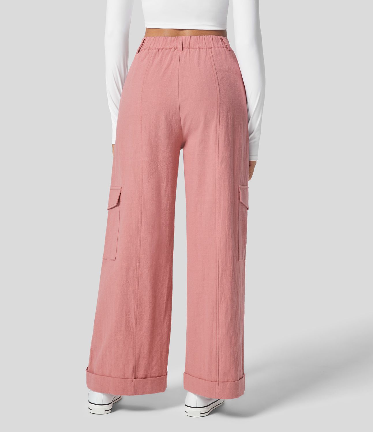 High Waisted Button Zipper Multiple Pockets Wide Leg Casual Linen-Feel Cargo Pants