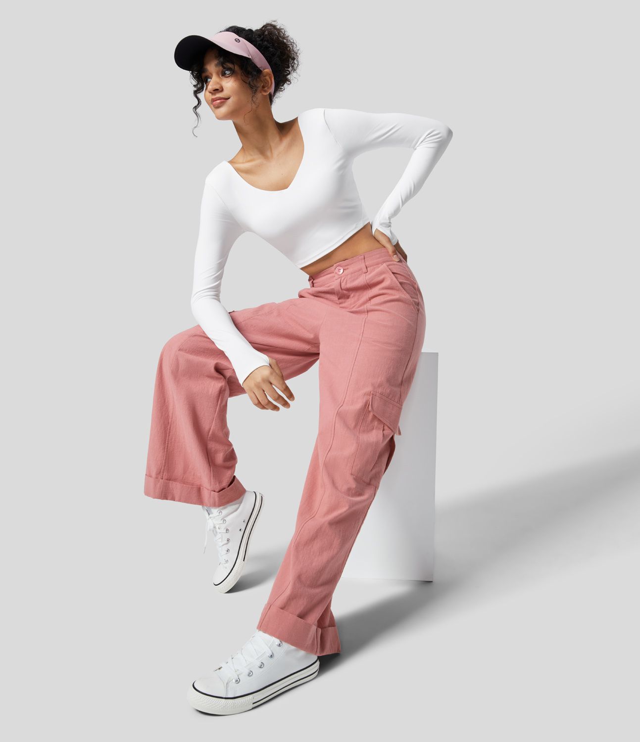 High Waisted Button Zipper Multiple Pockets Wide Leg Casual Linen-Feel Cargo Pants