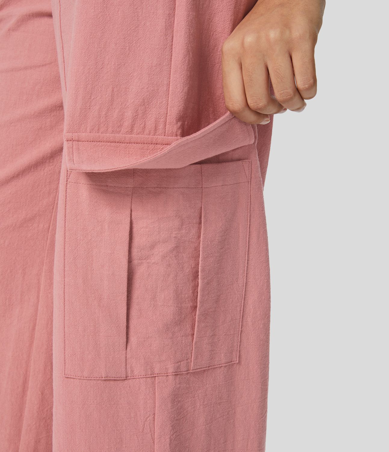 High Waisted Button Zipper Multiple Pockets Wide Leg Casual Linen-Feel Cargo Pants