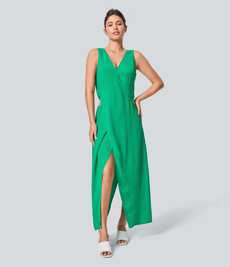 V Neck Sleeveless Cut Out Maxi Casual Linen-Feel Dress