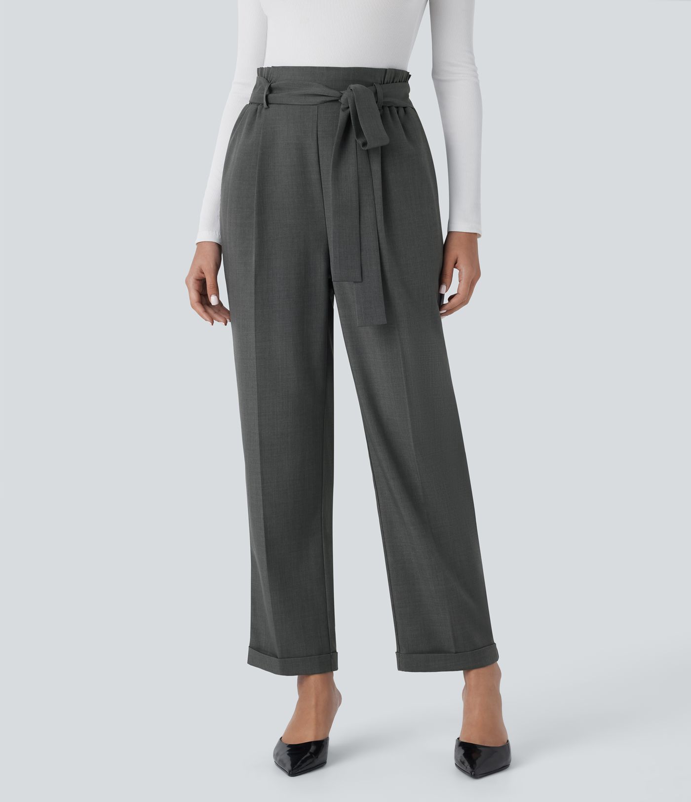 High-waisted, belted, side pocket, straight-leg work pants