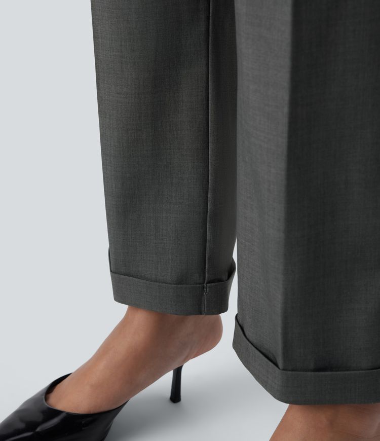 High-waisted, belted, side pocket, straight-leg work pants