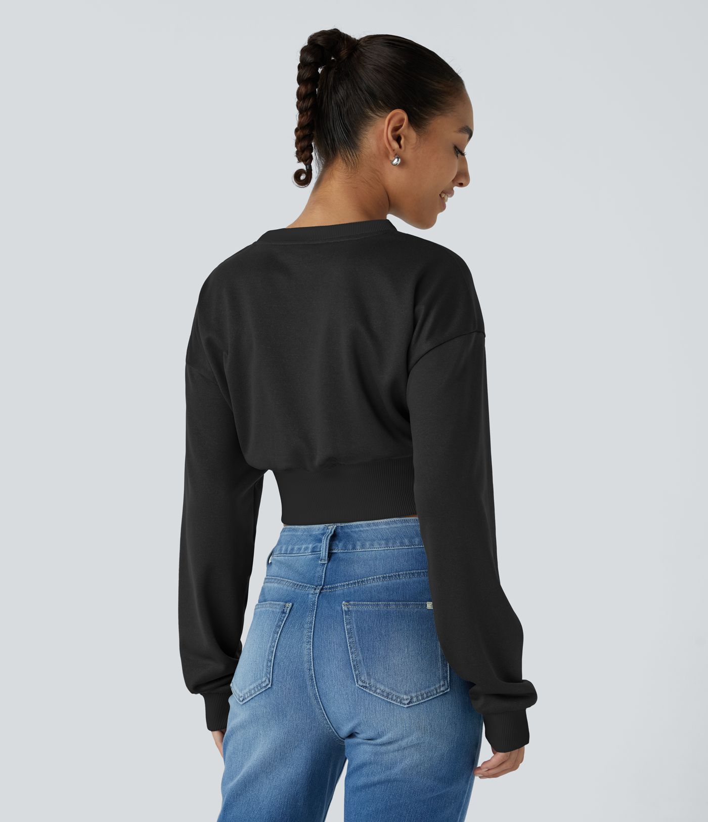 Round Neck Dropped Shoulder Contrast Ribbed Decorative Fishbone Cropped Relaxed Casual Sweatshirt